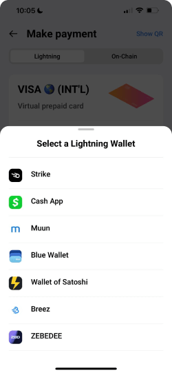 A lightning payment screen with an overall for selecting a lightning wallet from a list.